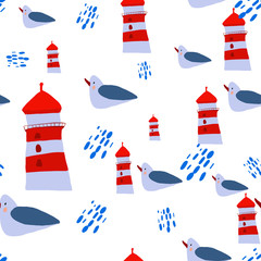 seamless pattern sealife sagull and lighthouse vector illustration