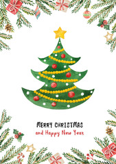 Watercolor vector greeting card with Christmas tree, spruce branches and gifts.
