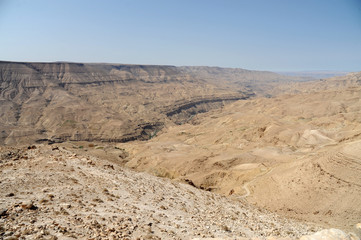 panoramic view from the King's Highway, which swoops over the high ridge of the Great Rift Valley. in Jordan