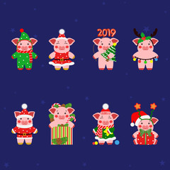 Fototapeta premium Set little pig, piggy characters illustration. Happy new year 