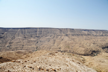 Fototapeta na wymiar panoramic view from the King's Highway, which swoops over the high ridge of the Great Rift Valley. in Jordan