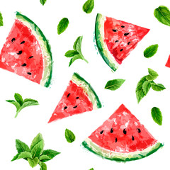 Seamless pattern with slices of watermelon and meant leaves on white background. Summer concept. Vector watercolor - 227003408