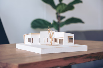 An architecture model on wooden table in office with blur nature background