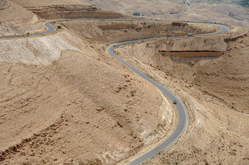 panoramic view from the King's Highway, which swoops over the high ridge of the Great Rift Valley. in Jordan