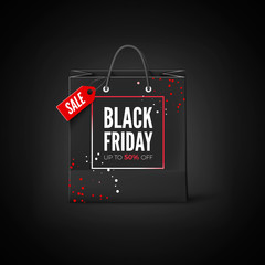 Black Friday Sticker. Black bag with tag Sale and discount offer. Vector illustration