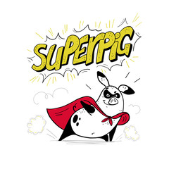 Vector hand drawn illustration with text and funny pig super hero character in yellow cloak isolated on white background. Comic book style. Good for print design, cards, packaging, banners, decor etc.