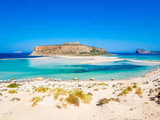 Crete, Greece: Balos lagoon paradisiacal view of beach and sea. Lagoon of Balos is one of the most...