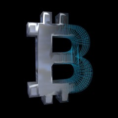 Bitcoin sign, platinum or silver turns into a blue grid on a black background. 3D illustration