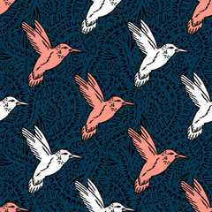 Seamless pattern with hand drawn hummingbird.