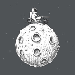 Fototapeta premium biker astronaut rides around Moon on a motorcycle.Prints design.Space theme.Vector illustration
