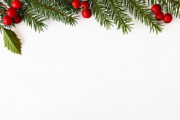 Obraz na płótnie Canvas Background for Christmas and new year cards with a branch of spruce and red berries. Isolated. Copy space.