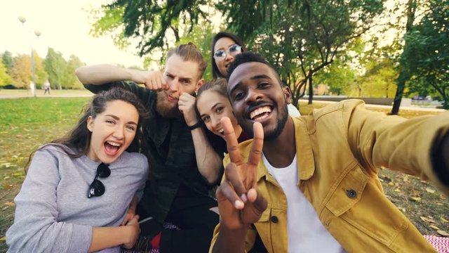 Multiracial group of friends is taking selfie in park sitting on blanket, posing and looking at camera. African American young man is holding device and touching screen.