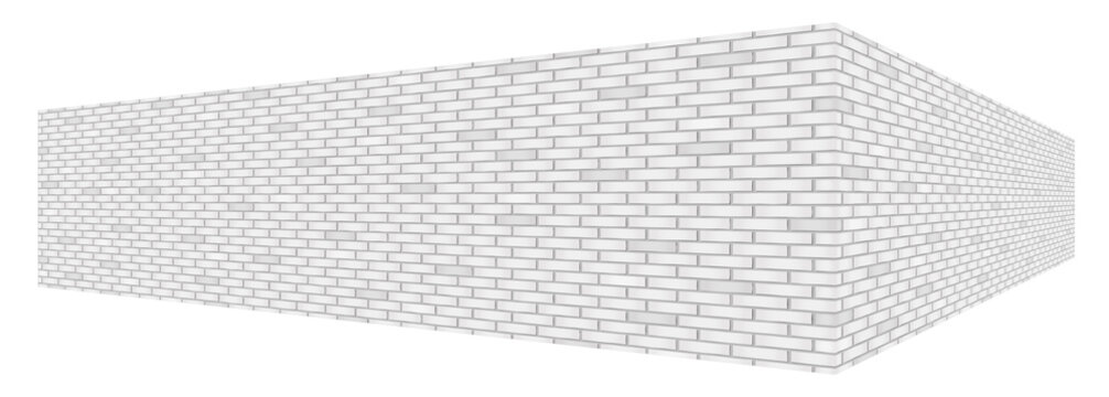 Diagonal white brick wall texture with a perspective is isolated on white background.