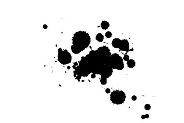 Black ink on white background. Paint splatters.