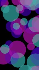 Multicolored translucent circles on a dark background. Vertical image orientation. 3D illustration
