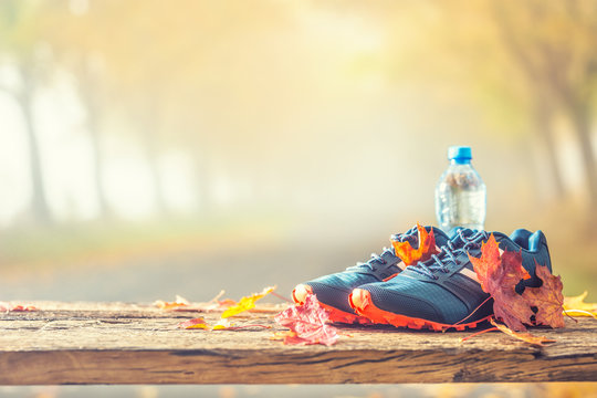 Blue sport shoes and water laid on a wooden board.