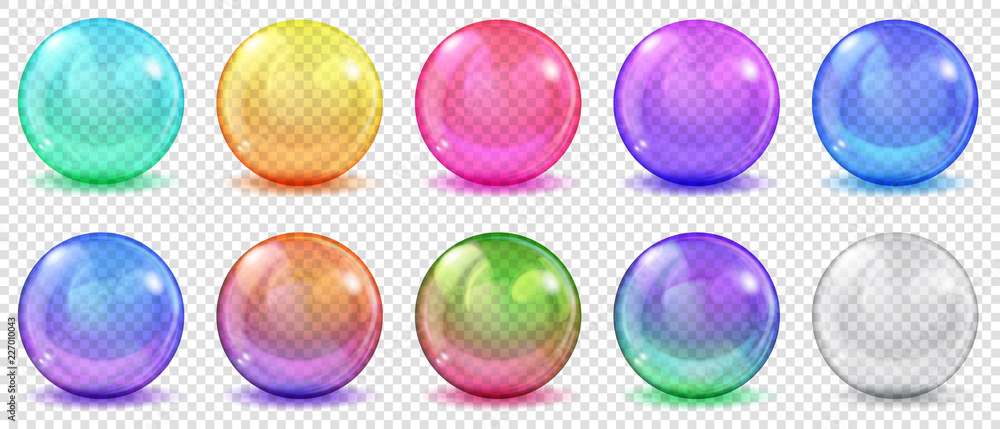 Poster set of translucent colored spheres with glares and shadows on transparent background. transparency o