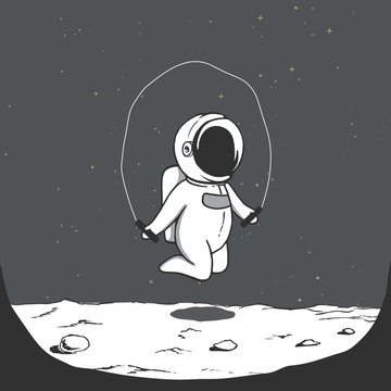 Cute astronaut jumps with a jump rope on the Moon.Prints design.Space theme.Vector illustration