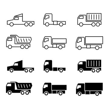 Truck silhouette and line icons. Shipping, cargo trukcs, dumpers and van isolated on white background. Vector illustration