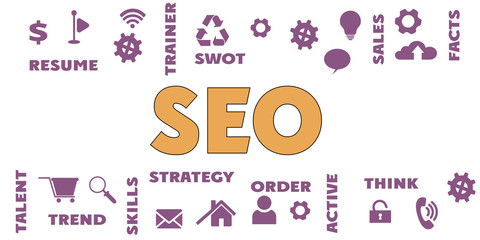 SEO Panoramic Banner with icons and tags, words. Hi tech