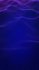 Abstract landscape on a blue background. Cyberspace grid. Hi-tech network, technology. Vertical image orientation. 3D illustration