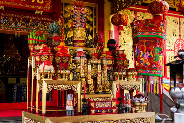 Naklejka premium Altar in chinese shrine ( Jiu Tean Geng Shrine ) for worship gods and goddesses in phuket, Thailand.