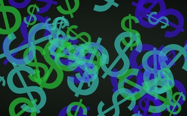 Obraz premium Multicolored translucent dollar signs on dark background. Green tones. 3D illustration