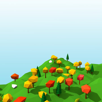 3d low poly green mountain hill with multicolored trees