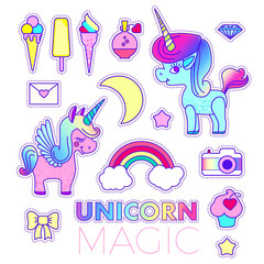 Stickers Set with Unicorn, Rainbow, Star, Diamond, Ice Cream, Cloud, Cake, Crescent Moon, Bow, Camera, Comet and Philter. Patch Badges Collection.
