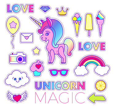 Stickers Set with Unicorn, Love Text, Crown, Letter, Arrow, Rainbow, Star, Comet, Diamond, Flying Heart, Ice Cream, Cloud, Sun Glasses, Camera and Cake. Patch Badges Collection.