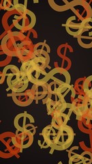 Multicolored translucent dollar signs on dark background. Vertical image orientation. 3D illustration