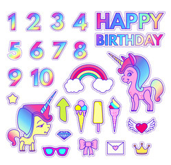 Happy Birthday Stickers Set with Digits, Love and Unicorn, Rainbow, Ice Cream, Arrow, Star, Diamond, Sun Glasses, Bow, Letter, Crown and Flying Heart. Patch Badges Collection.