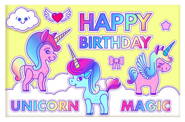 Happy Birthday Card Template with Cute Magic Unicorn. Lovely Dream Design.