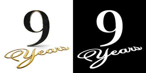 Golden number nine (number 9) and the inscription years with drop shadow and alpha channel. 3D illustration
