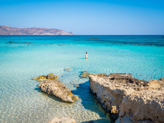 Crete, Greece - Jul 14, 2018: Elafonisi, a paradise beach with turquoise water, an island located...