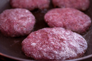 Mince Organic Meat Burger Patties. Cooking In Frying Pan.