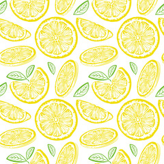 Lemon seamless pattern. Ink sketch lemons. Citrus fruit background. Elements for menu, greeting cards, wrapping paper, cosmetics packaging, posters etc