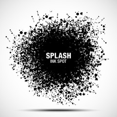 Splash ink spot. Drops black texture isolated on white background. Grunge abstract blot of splash spots. Sphere of black random blots. Vector design element.