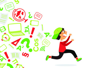School boy run. Information overload child. Vector cartoon illustration