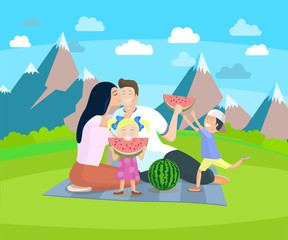 Happy family on a picnic. Mother, Father, son and daughter are resting in nature. Vector flat style illustration