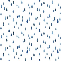 watercolor messy blue raindrops. seamless pattern on white background.