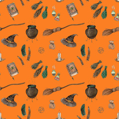 halloween witches stuff seamless pattern with orange background