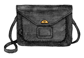 watercolor fashion black bag. hand drawing sketch isolated element. back to school
