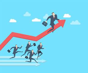 Young happy businessman runing up to the success. Flat vector illustration