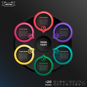 Vector infographic design with colorful circle on the black background. Business concept. 6 options, parts, steps. Can be used for graph, diagram, chart, workflow layout, number options, web