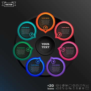 Vector infographic design with colorful circle on the black background. Business concept. 7 options, parts, steps. Can be used for graph, diagram, chart, workflow layout, number options, web