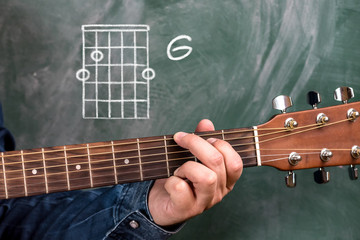 Man in a blue denim shirt playing guitar chords displayed on a blackboard, Chord G