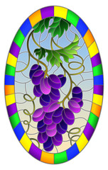 The illustration in stained glass style painting with a bunch of red grapes and leaves on a blue background, oval image in bright frame 