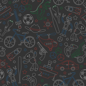 Seamless pattern on the theme of childhood and toys, toys for boys,  outlines icons painted with  colored chalks on the dark school Board