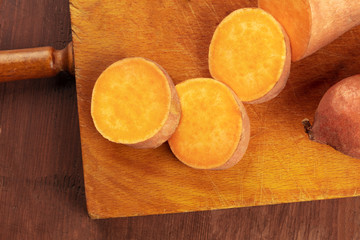 Closeup of slices of sweet potatoes with copy space